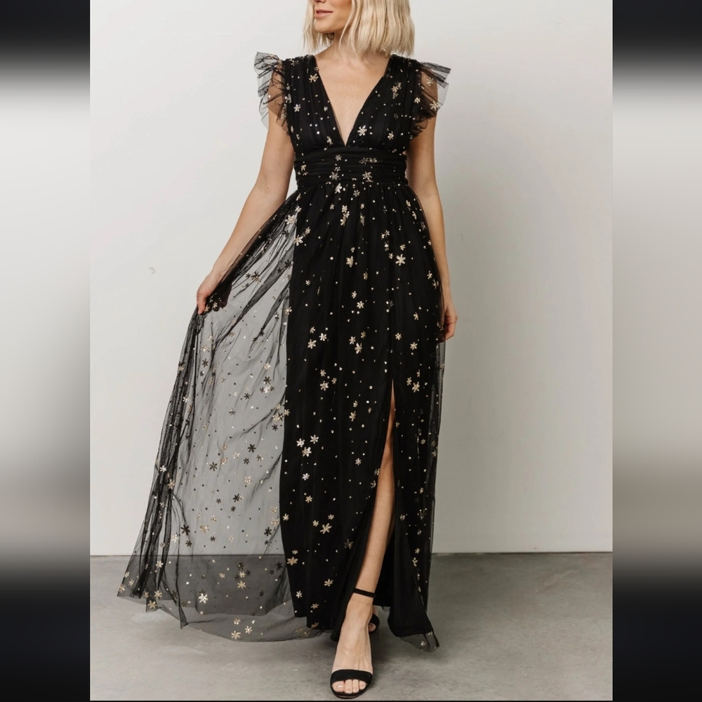 Elegant Black Evening Dress with Gold Star Accents